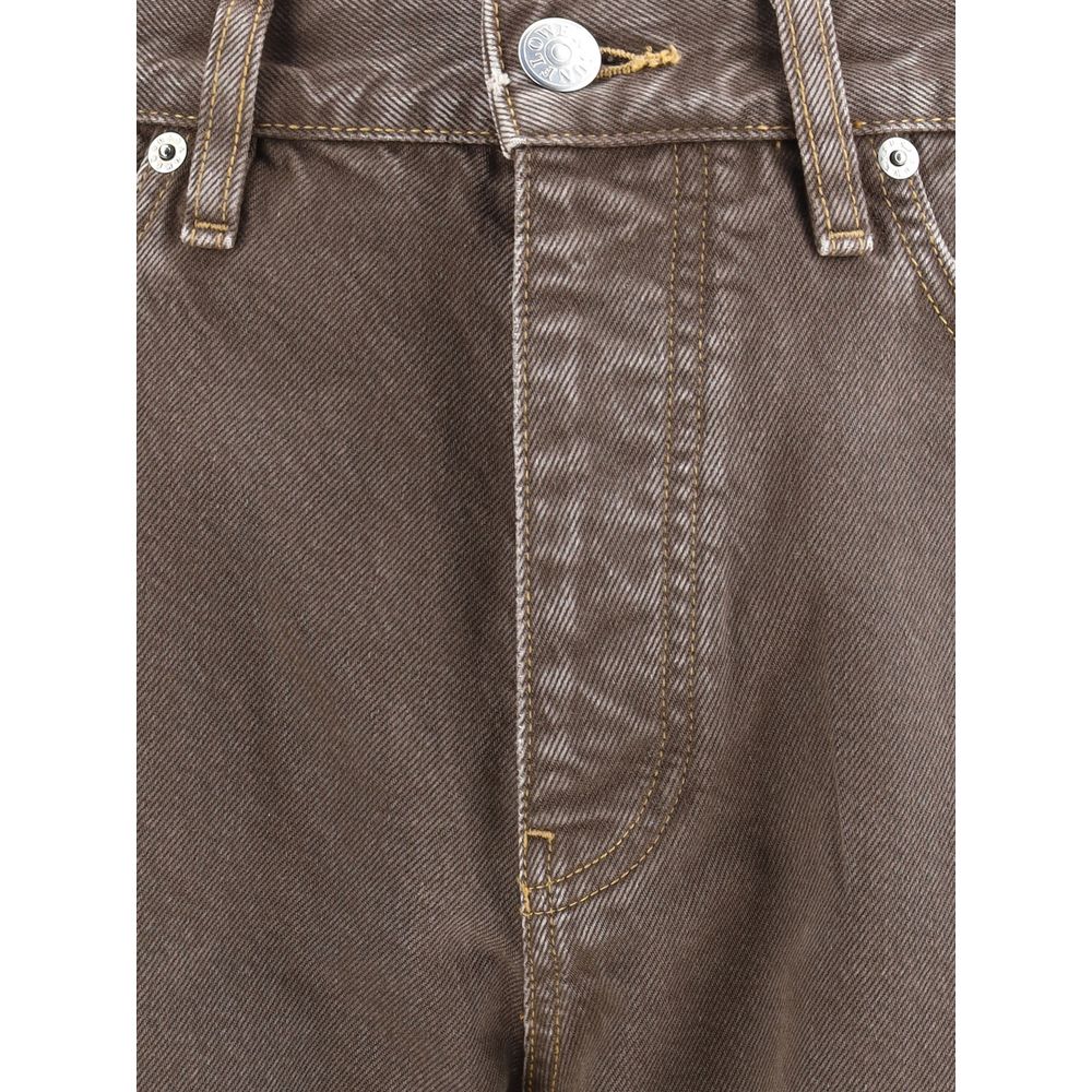 Close-up of Sunflower Brown Cotton Relaxed Fit Jeans with button and zipper closure, showing sustainable design details.
