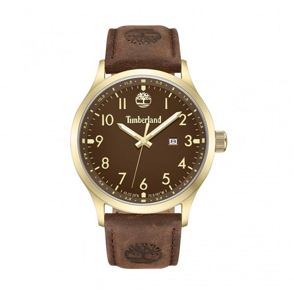 TIMBERLAND Mod. TRUMBULL gent's wristwatch with gold case and brown leather strap, quartz movement, water resistant up to 5 ATM.