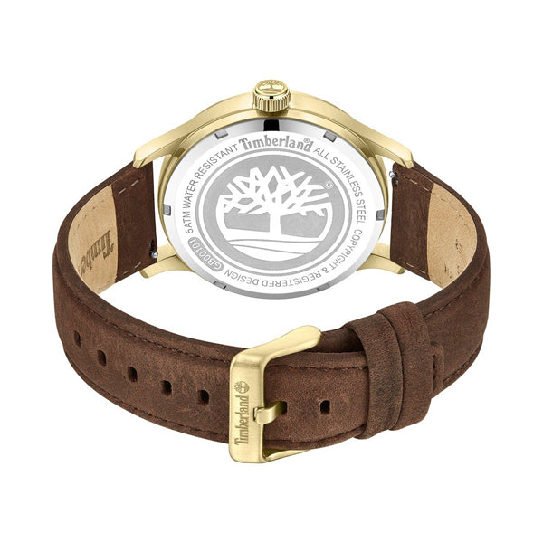 TIMBERLAND Mod. TRUMBULL wristwatch with gold stainless steel case and brown leather strap, 5 ATM water resistance, quartz movement.