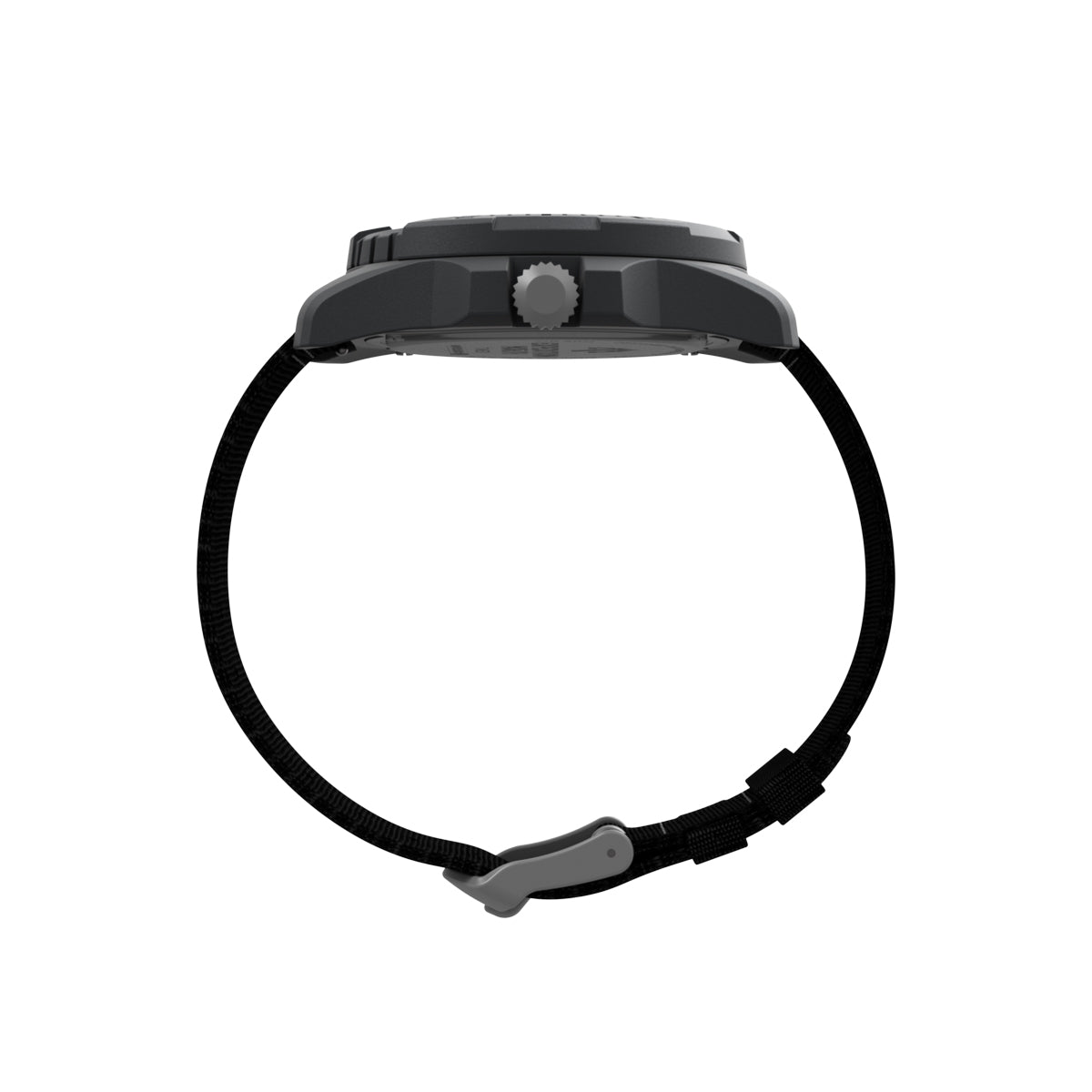 Side view of TIMEX Mod. EXPEDITION SOLAR wristwatch with black fabric strap and 46mm plastic case.