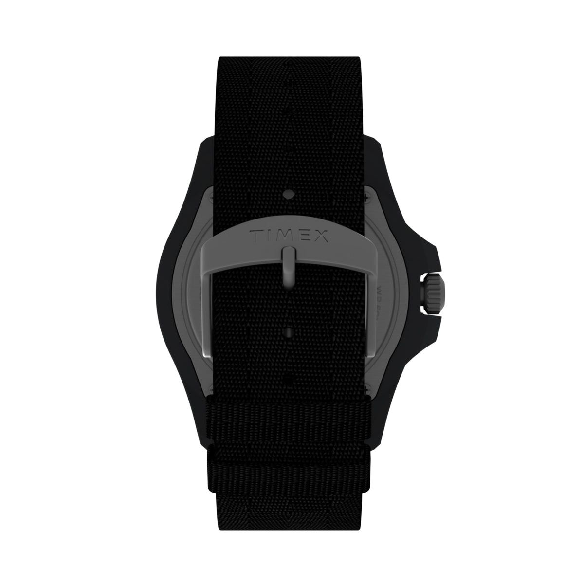 Back view of TIMEX Mod. EXPEDITION SOLAR wristwatch with fabric strap and plastic case, showcasing black clasp and durability.