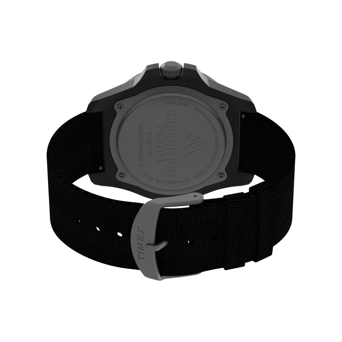 Back view of TIMEX Mod. EXPEDITION SOLAR wristwatch with black fabric strap and 46mm plastic case. Water resistant 5 ATM.
