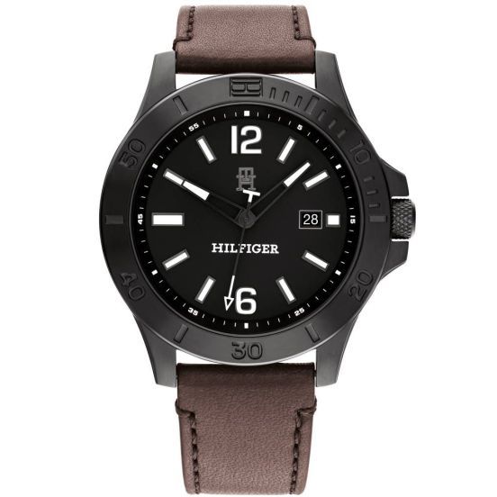 TOMMY HILFIGER Mod. 1710530 gent's quartz watch with 46mm mineral dial, brown strap, water resistant 5 ATM, includes official box packaging.