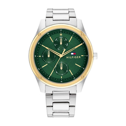 TOMMY HILFIGER Mod. 1710537 gent's quartz analog watch with green dial, 43mm case, mineral glass, and official packaging.