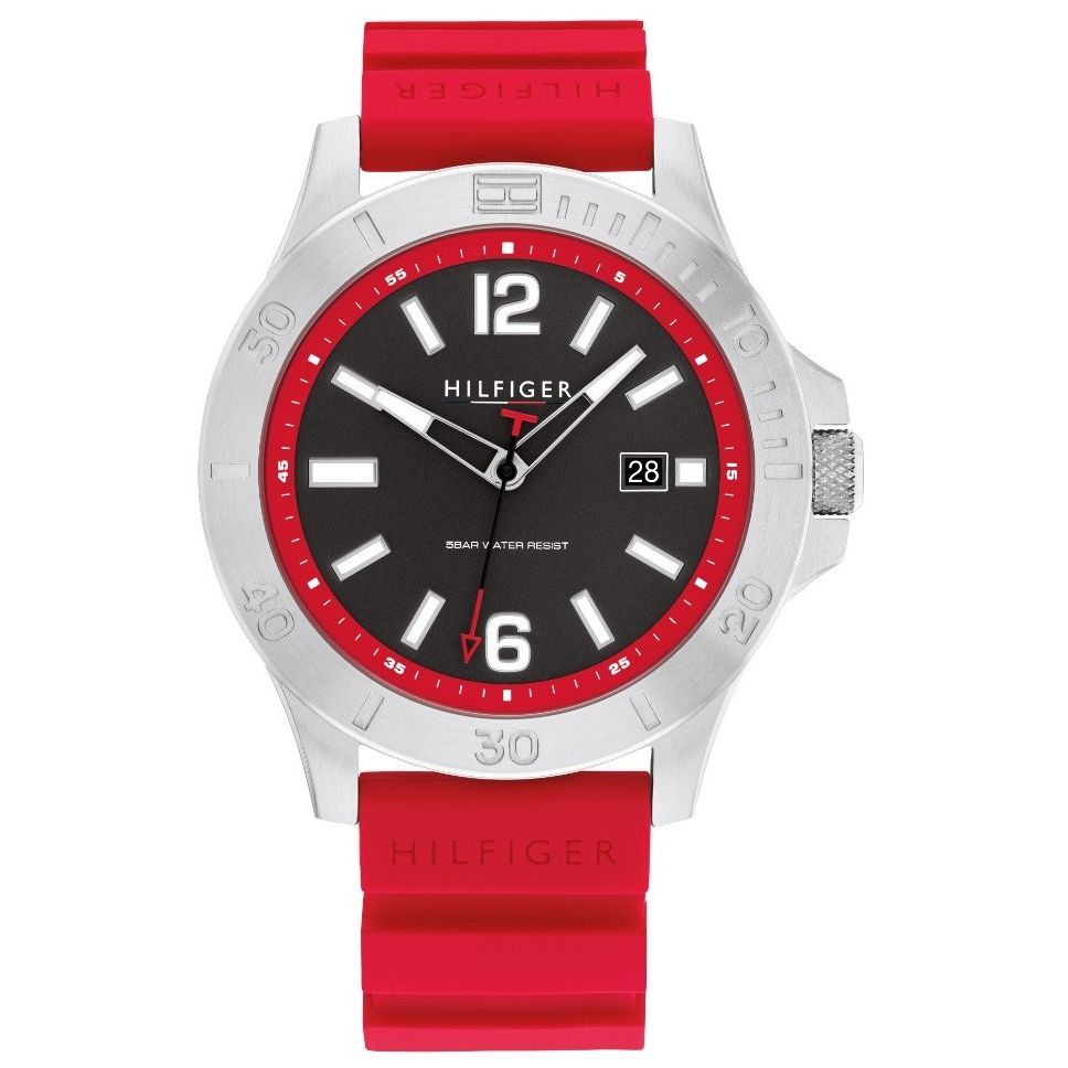 TOMMY HILFIGER Mod. 1710540 watch for gents with red bracelet, quartz analog movement, 46mm case, and 5 ATM water resistance.
