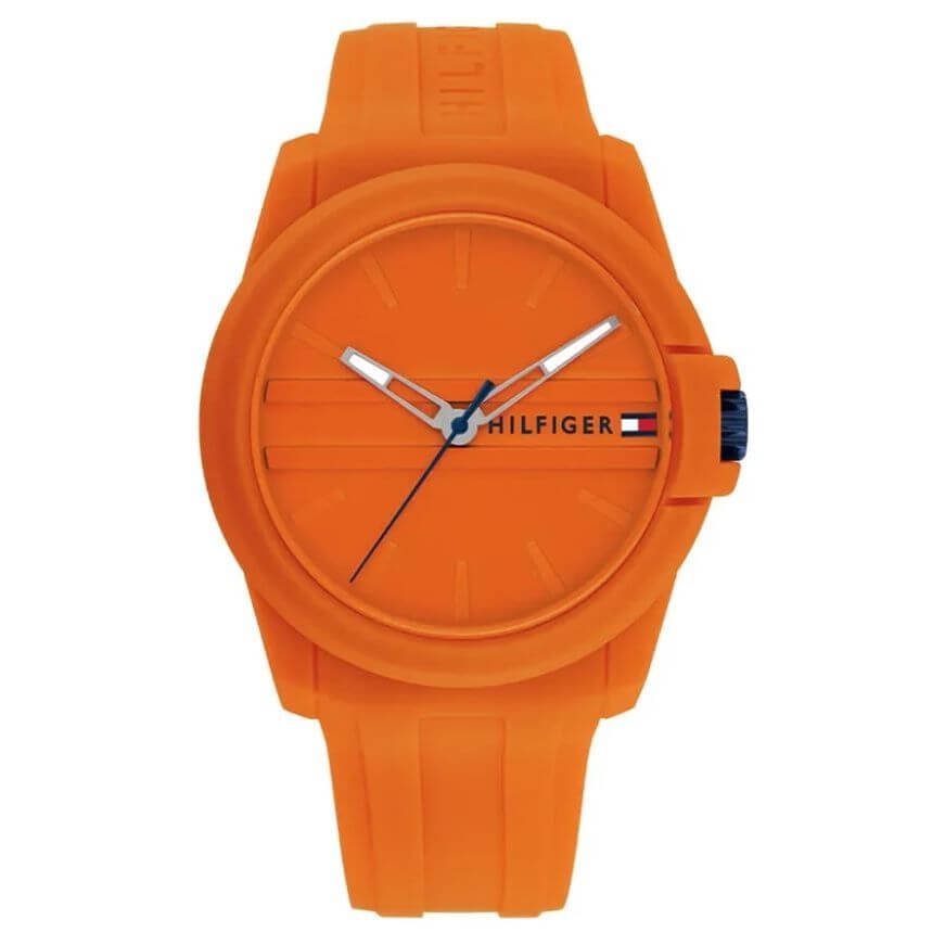 TOMMY HILFIGER Mod. 1710597 quartz analog gent's watch, 5 ATM water resistant with 44 mm mineral dial, featuring orange bracelet and official packaging.