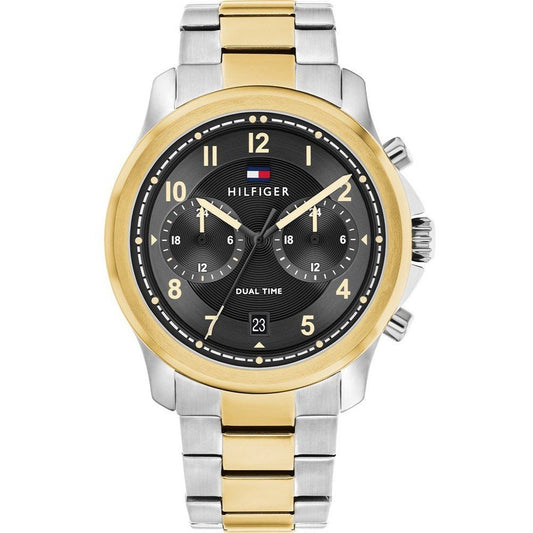 TOMMY HILFIGER Mod. 1710627 gent's quartz analog watch with dual-tone bracelet, water resistant 5 ATM, 43mm case, and official packaging.
