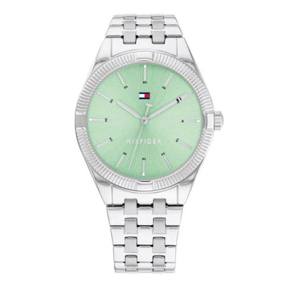 TOMMY HILFIGER Mod. 1782565 ladies' quartz analog watch with green dial, 3 ATM water resistance, and official packaging. 34mm case.