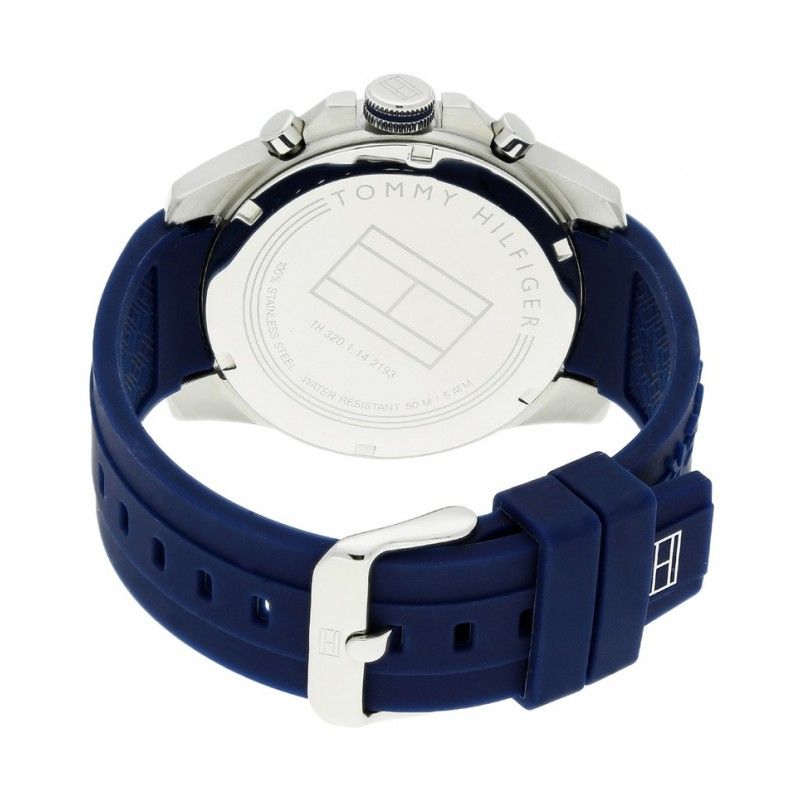 TOMMY HILFIGER Mod. 1791349 men's quartz analog watch with blue strap, 48mm case, mineral dial, 5 ATM water resistance, and official packaging.
