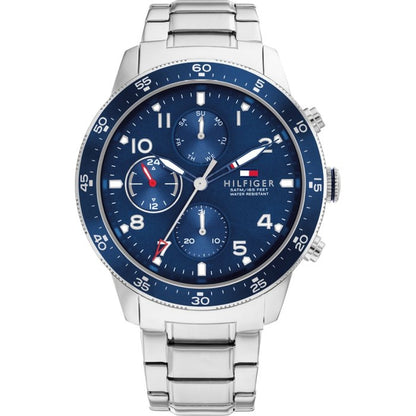 Luxury TOMMY HILFIGER Mod. 1791949 gent's quartz watch with 44mm blue dial and bracelet. Water resistant up to 5 ATM. Official box included.