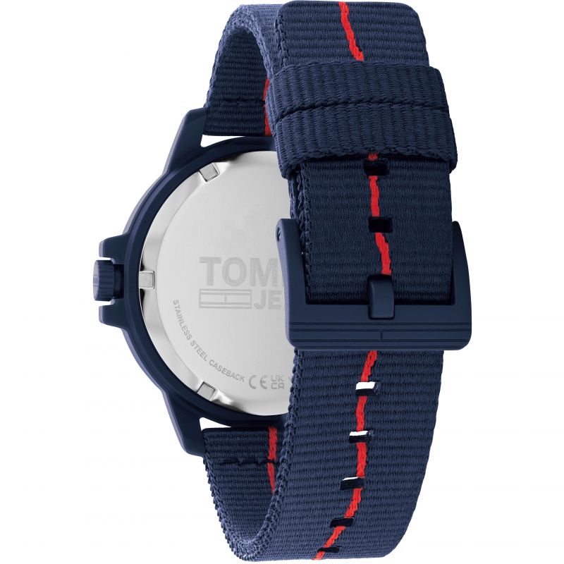 Back view of TOMMY HILFIGER Mod. 1791997 watch, navy strap, stainless steel case, and multifunction features.