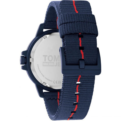 Rear view of TOMMY HILFIGER Mod. 1791997 watch with blue fabric strap showing case details