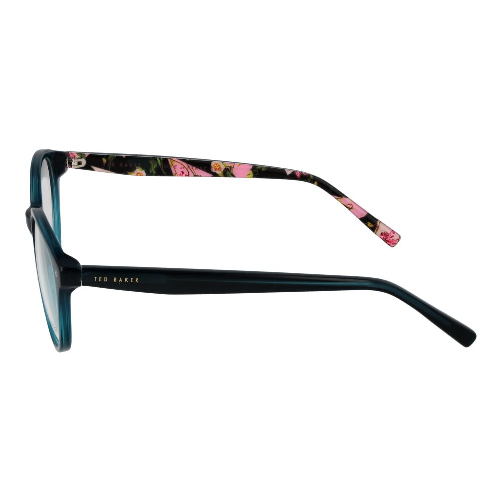 Side view of Ted Baker Green Plastic Glasses (Frames) for women, featuring floral temple design and full-rim green plastic frame.