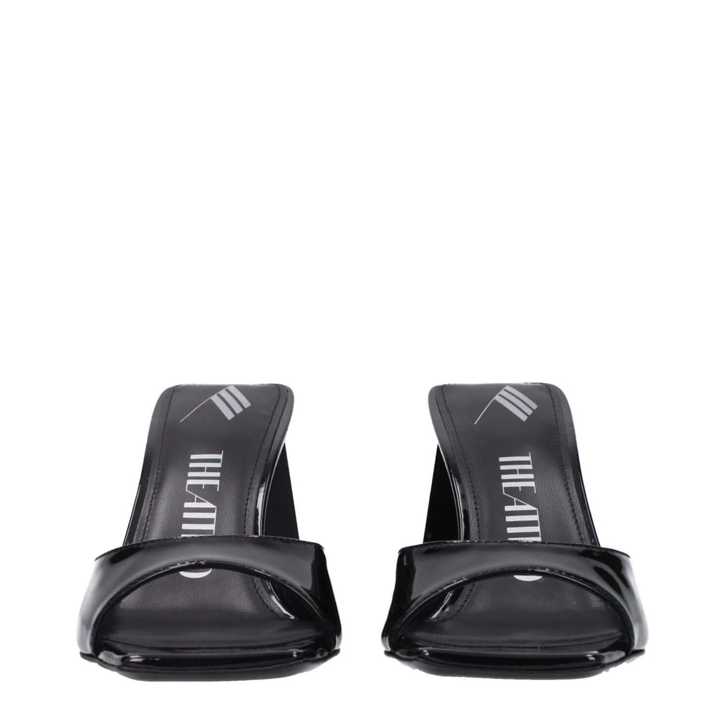 The Attico Black Leather Stiletto Heel Sandals, patent leather, open toe, mid heels, stylish design, 8.5 cm heel height.