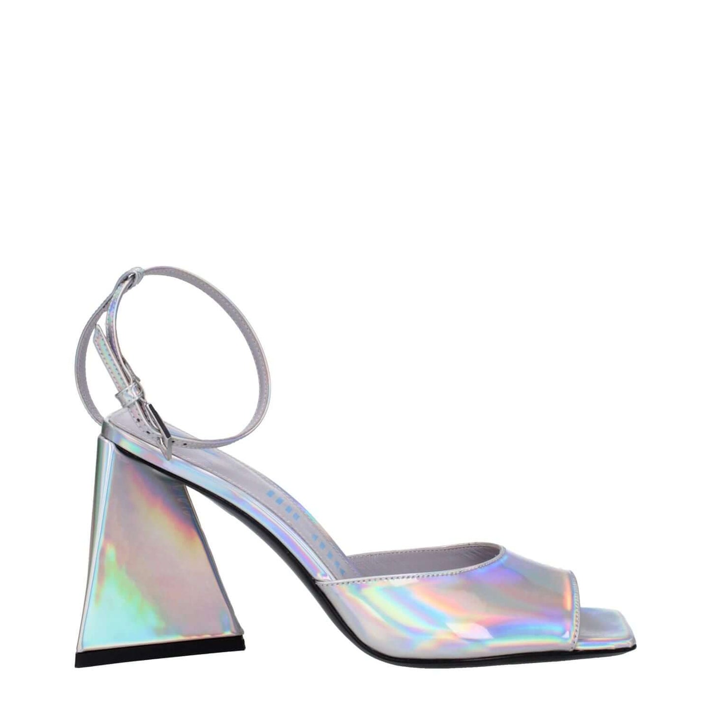 The Attico Gray Leather Platform Sandals with silver eco leather, high heel, open toe, and buckle closure.