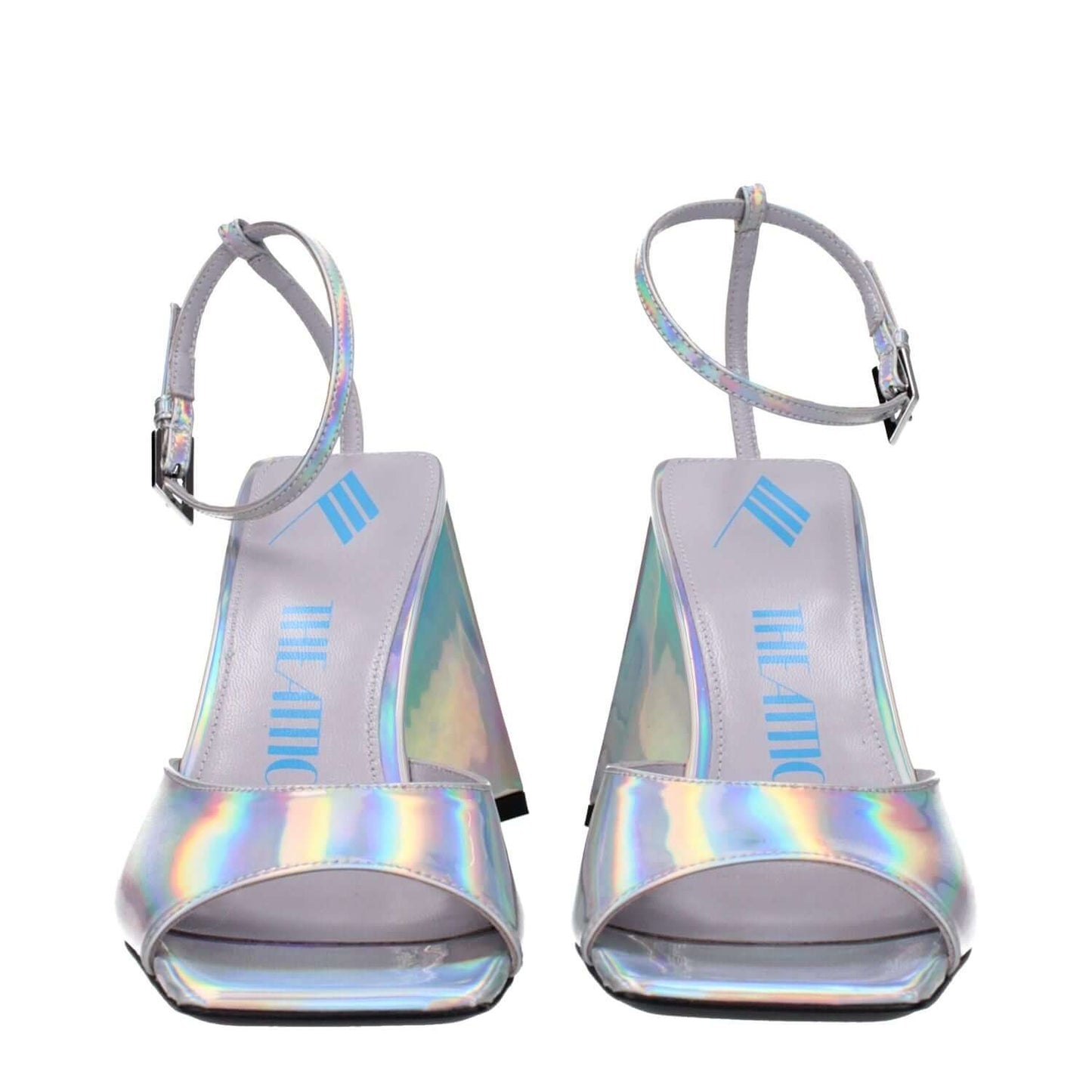 Front view of The Attico Gray Leather Platform Sandals with silver eco leather, buckle closure, and open toe high heel design.