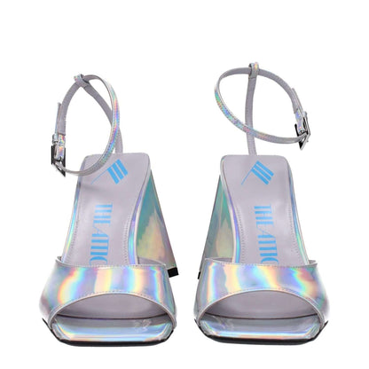 Front view of The Attico Gray Leather Platform Sandals with silver eco leather, buckle closure, and open toe high heel design.