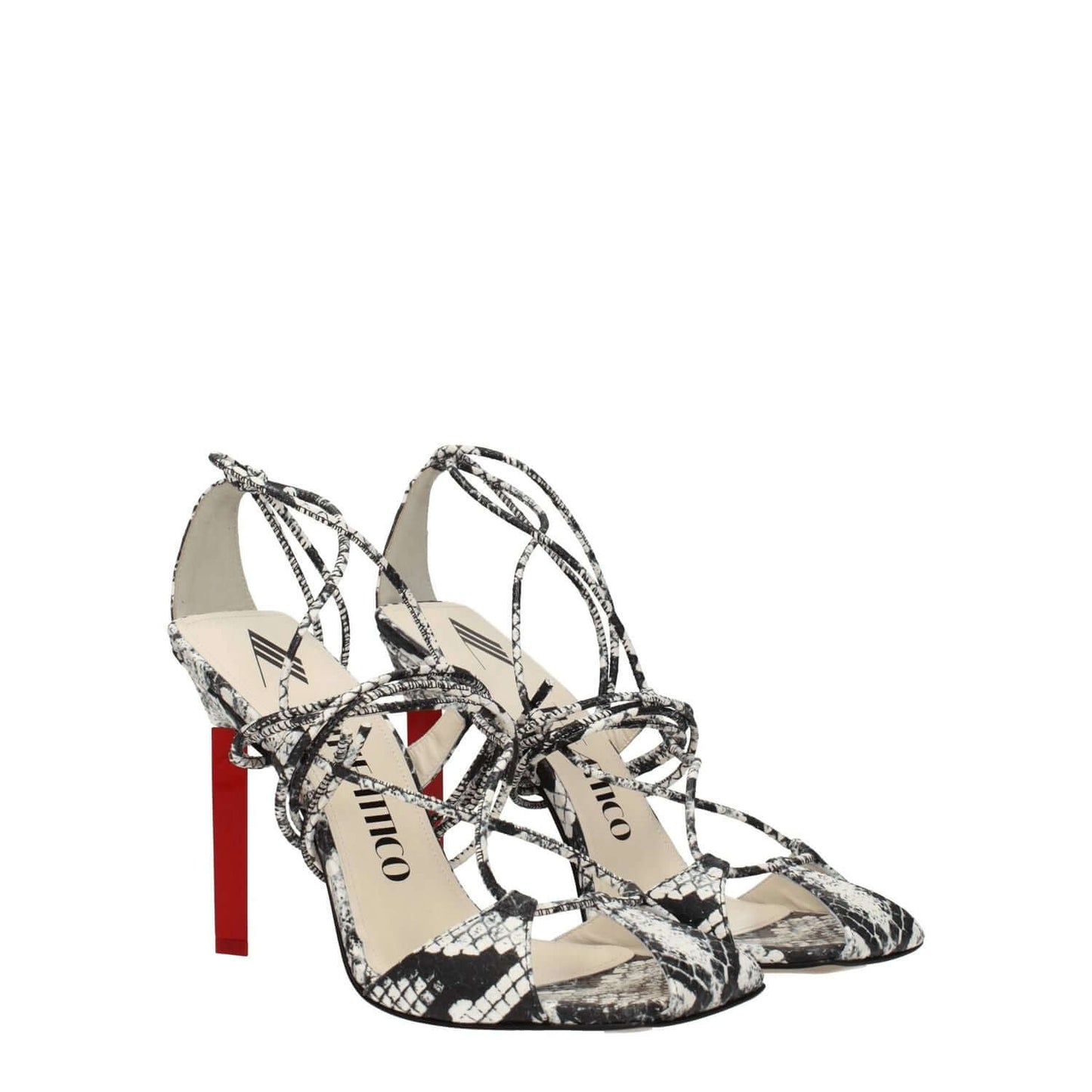 The Attico White Leather Stiletto Heel Sandals with snake print, vintage effect, and red high heel, designed in leather with open toe.