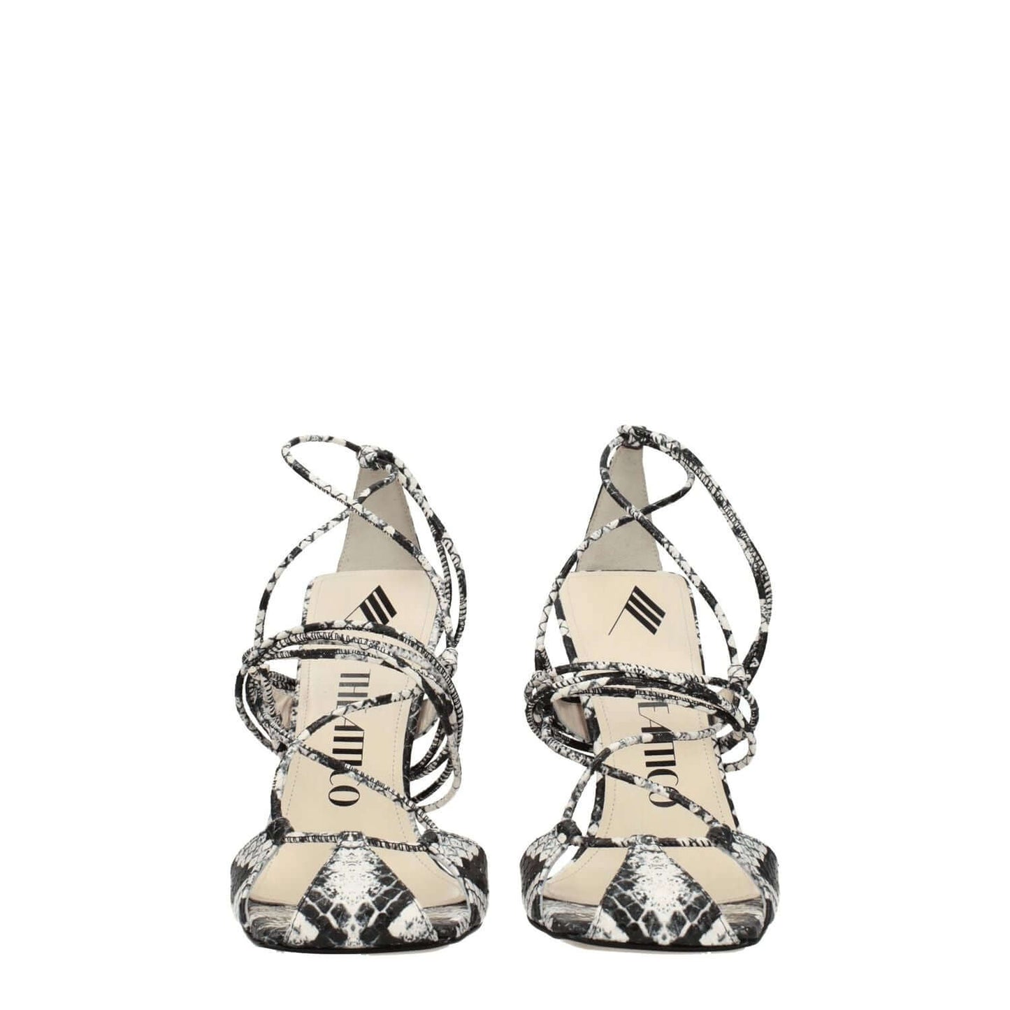 The Attico White Leather Stiletto Heel Sandals with snake print and open toe design, featuring vintage effect and high heel of 11 cm.