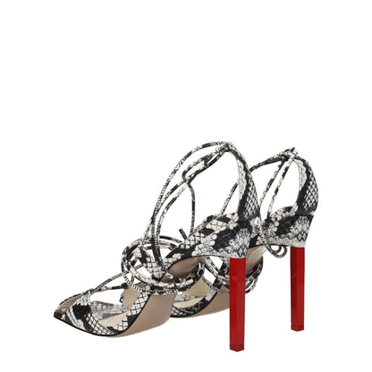 The Attico White Leather Stiletto Heel Sandals with snake print, open toe, and high heel. Vintage effect design with self-tie closure.