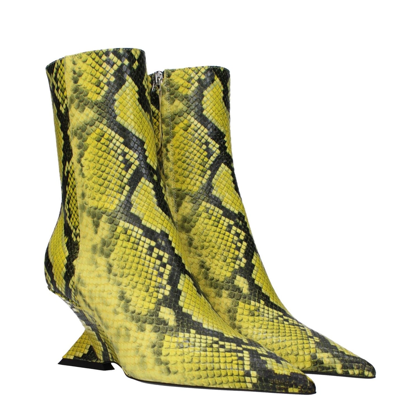 The Attico Yellow Leather Ankle Boots with snake print, pointy toe, mid heels, zip closure, 7 cm heel height, and ethnic style.