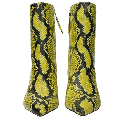 The Attico Yellow Leather Ankle Boots with snake print, zip closure, 7 cm mid heels, and pointy toe design.