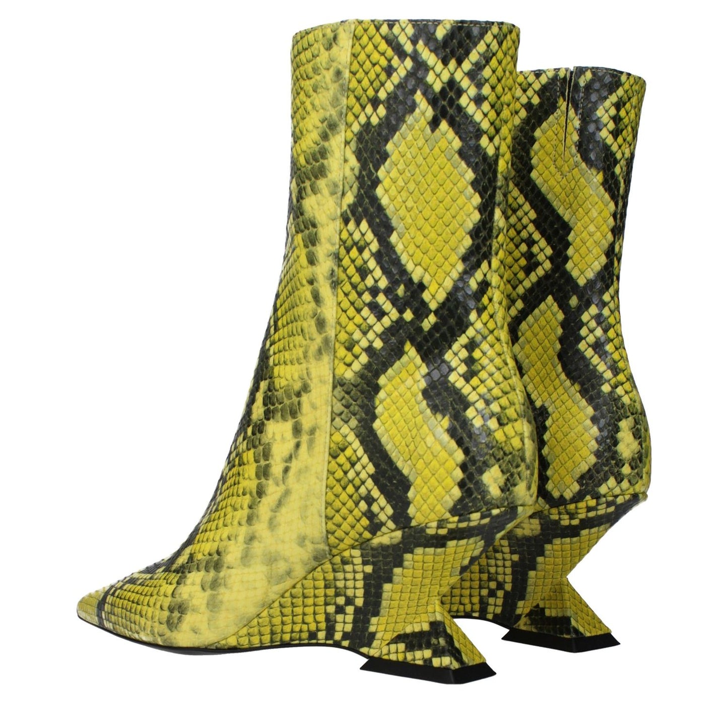 The Attico Yellow Leather Ankle Boots with snake print, pointy toe, and mid heels, featuring a leather sole and zip closure.