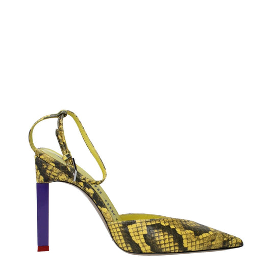The Attico Yellow Leather High Heel Pumps with snake print, pointy toe, and buckle closure, featuring a 10.5 cm heel.