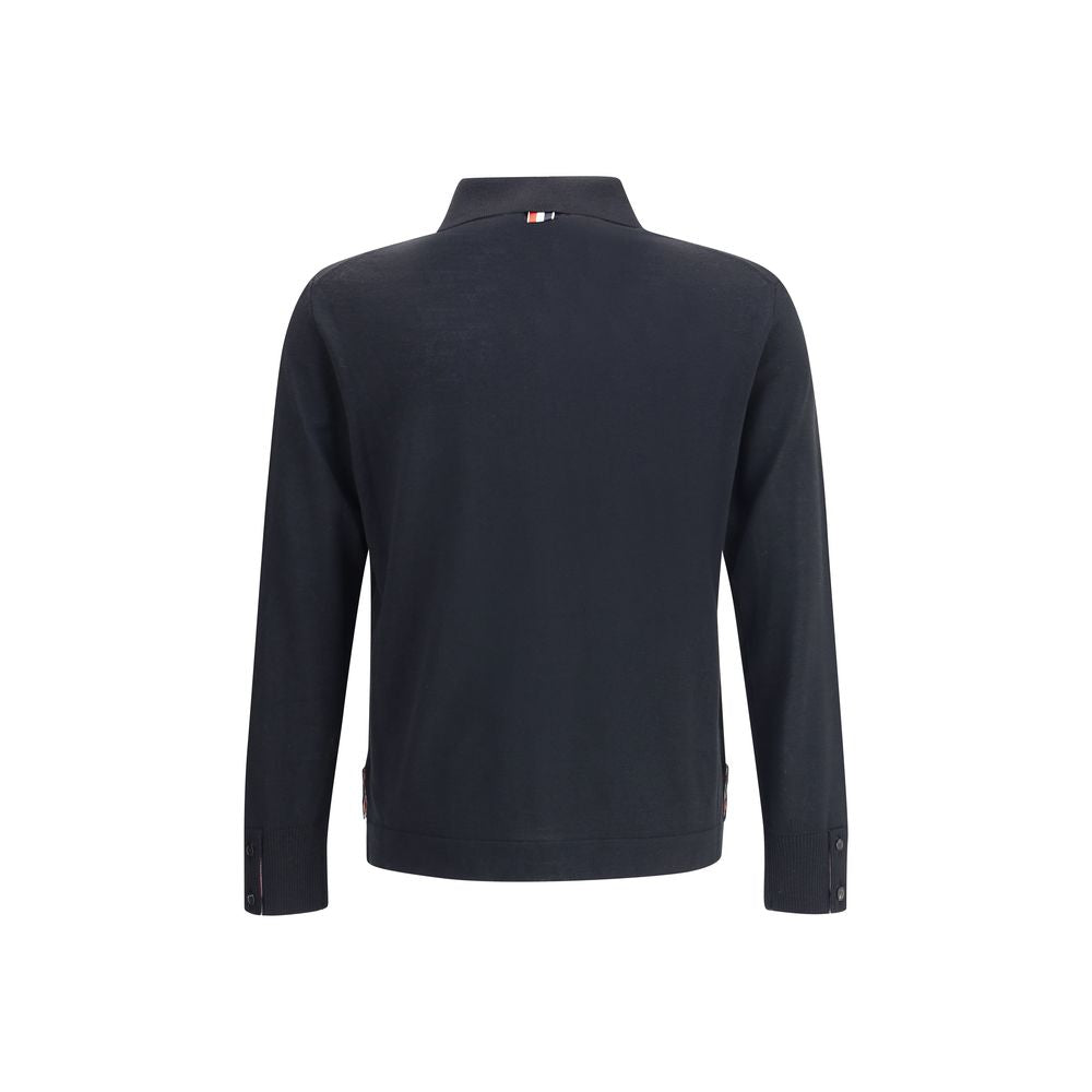Back view of Thom Browne Black Fleece Wool Sweatshirt with tricolor detail and ribbed cuffs.