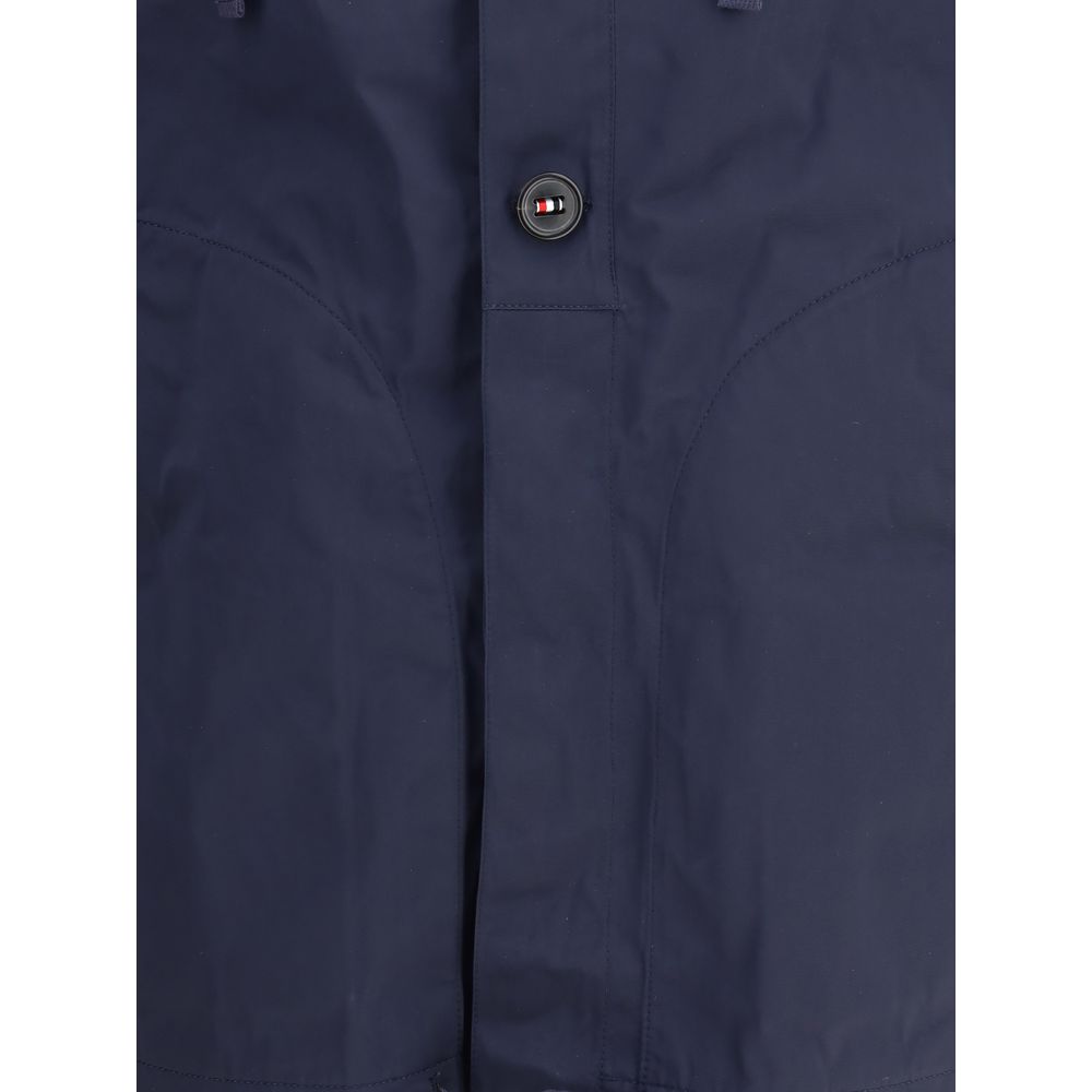 Thom Browne Blue Polyester Shell Jacket with waterproof fabric and striped grosgrain detail.