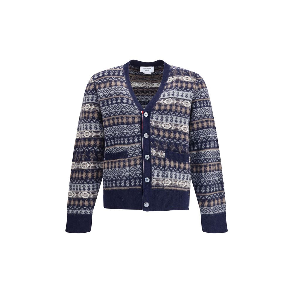 Thom Browne Blue Wool Cardigan featuring Fair Isle print with V-neck and button closure for elegant winter style.