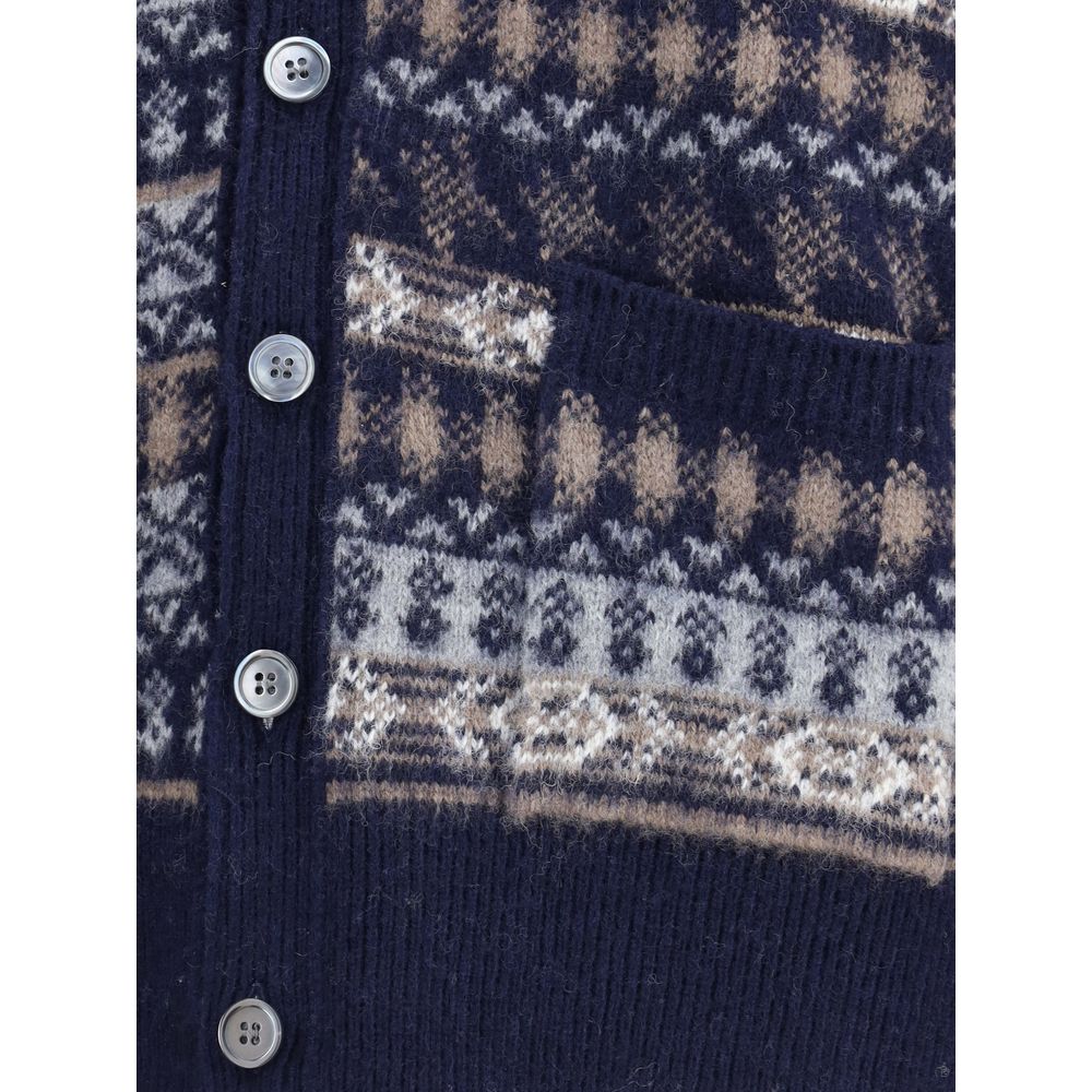Close-up of Thom Browne Blue Wool Cardigan with Fair Isle print and button closure.