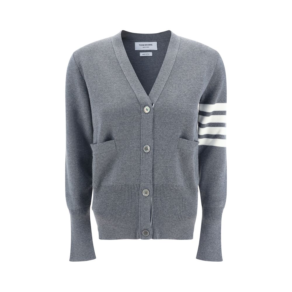 Thom Browne Cardigan, fleece wool with striped cuffs, ribbed hem, V-neck, button closure, patch pockets, logo bands on left arm