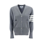 Thom Browne Cardigan, fleece wool with striped cuffs, ribbed hem, V-neck, button closure, patch pockets, logo bands on left arm
