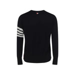 Back view of Thom Browne Cardigan with iconic logo bands and striped cuffs, made from fleece wool, showcasing AW25 design.