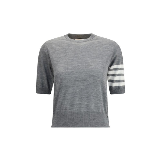 Thom Browne Gray Fleece Wool T-Shirt with ribbed crew neck and iconic sleeve bands for a casual yet sophisticated look. SS26 collection.