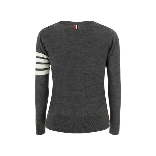 Thom Browne Sweater in fleece wool with ribbed cuffs, iconic stripes on left arm, monochrome pattern, back view, made in Italy.