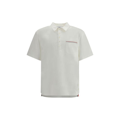Thom Browne White Cotton Polo Shirt with patch pocket and embroidery, classic collar, and mid-bust button closure.
