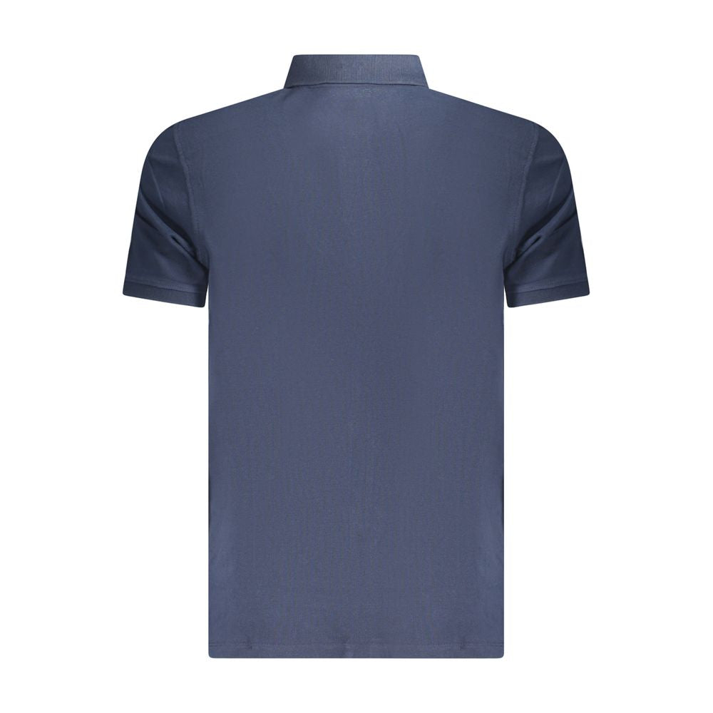 Back view of Timberland Blue Cotton Men Polo Shirt showcasing short sleeves and organic material.