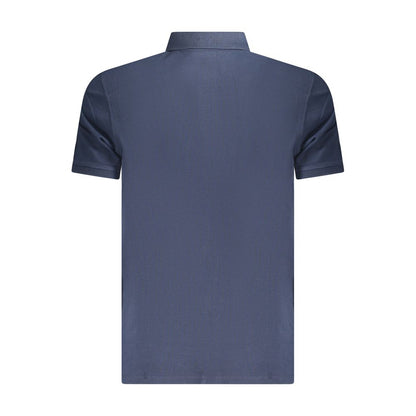 Back view of Timberland Blue Cotton Men Polo Shirt showcasing short sleeves and organic material.