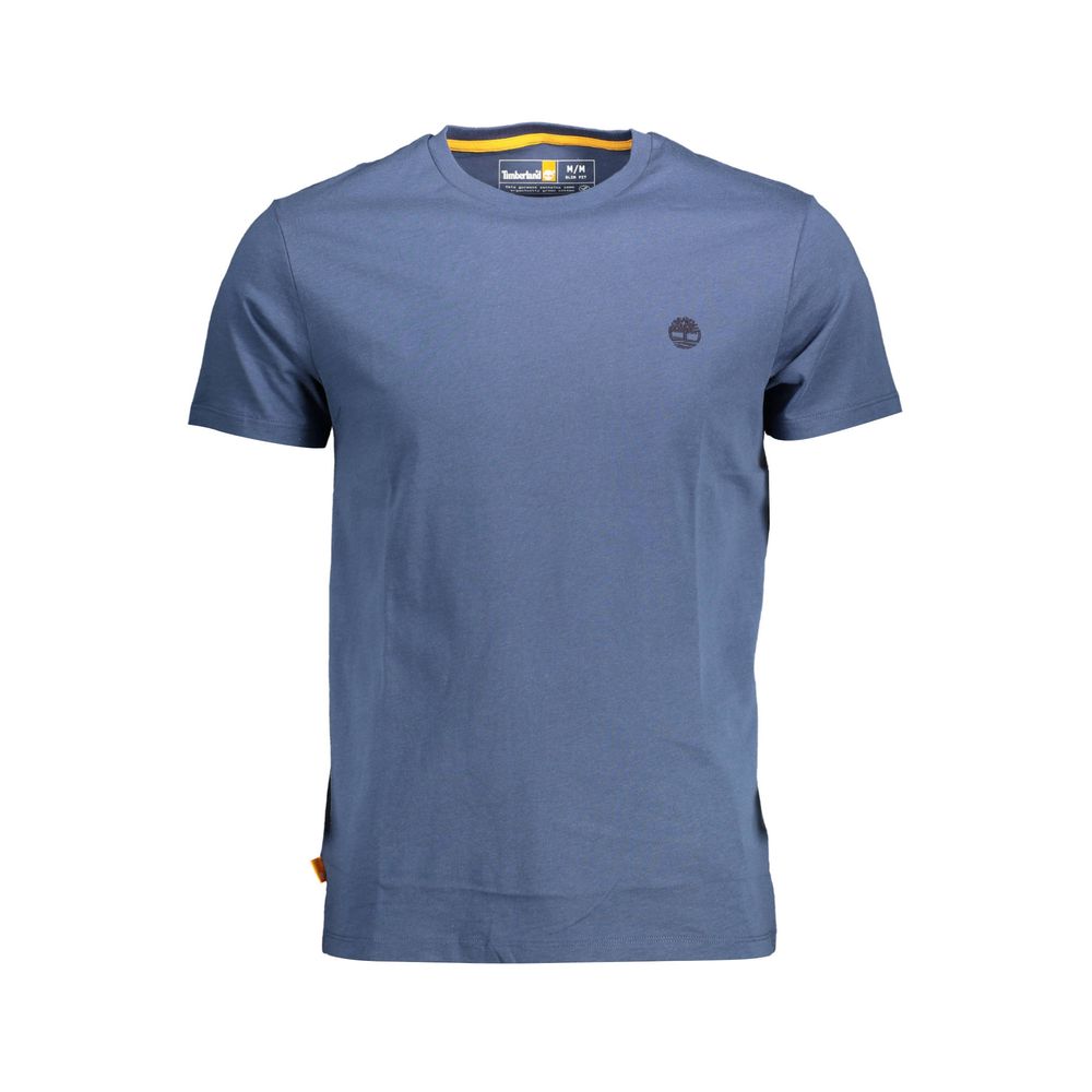 Timberland Blue Organic Cotton Men T-Shirt with logo, crew neck, short sleeves. Made from sustainable materials for a casual wardrobe upgrade.