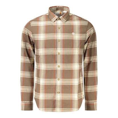 Timberland Brown Cotton Men Shirt showcasing tartan design with long sleeves and Italian collar, perfect for versatile style.