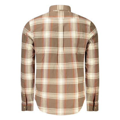 Back view of Timberland Brown Cotton Men Shirt featuring a tartan pattern with long sleeves and Italian collar, perfect for office to outdoors.