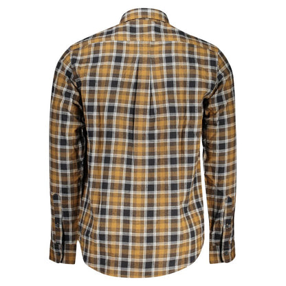 Timberland Brown Cotton Shirt with long sleeves, tartan pattern, regular fit, and Italian collar, featuring a back view and button cuffs.
