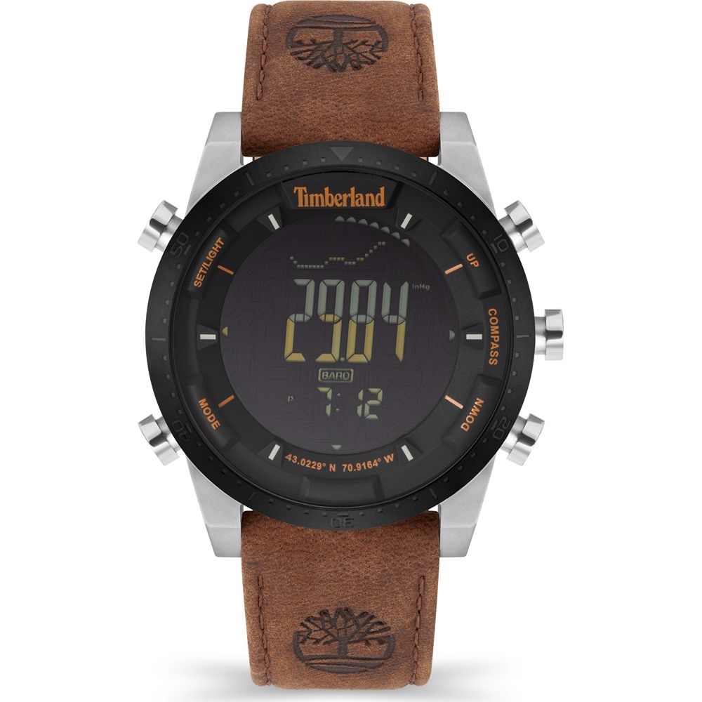 Timberland Brown Leather Digital Watch with quartz movement, grey stainless steel case, brown leather strap, and multiple digital functions.