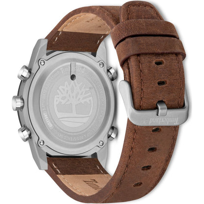 Back view of Timberland Brown Leather Digital Watch with stainless steel case and brown leather strap.