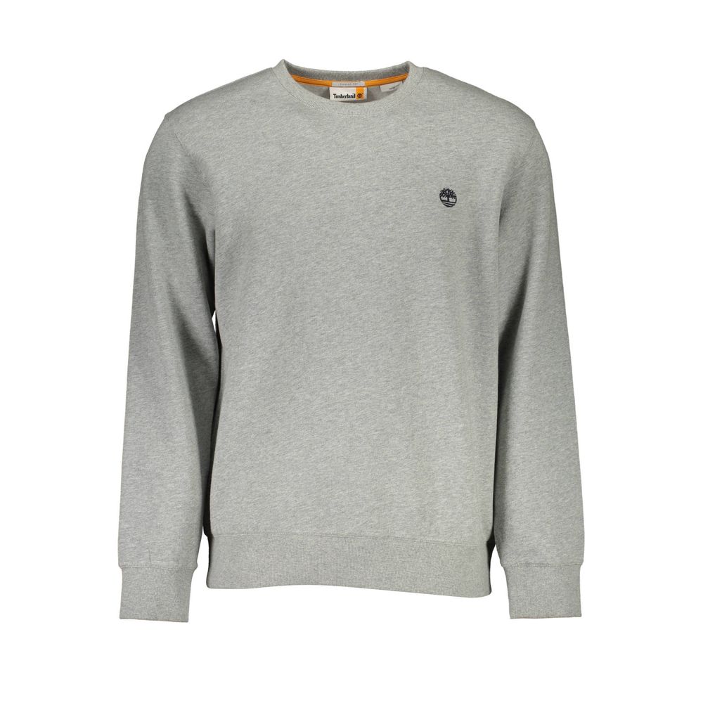 Timberland Gray Cotton Men Sweater with crew neck and Timberland logo, crafted from organic cotton for modern style and sustainability.
