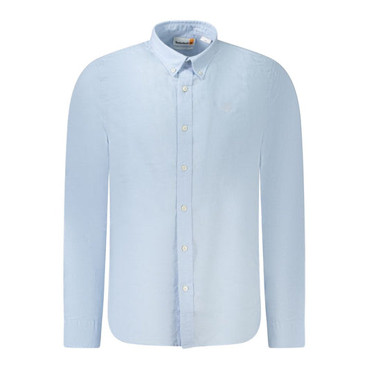 Timberland Light Blue Cotton Men Shirt with button-down collar and logo embroidery, perfect for a sophisticated and stylish look.