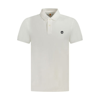 Timberland White Cotton Men Polo Shirt with classic two-button placket and embroidered logo, offering breathable and sustainable style.