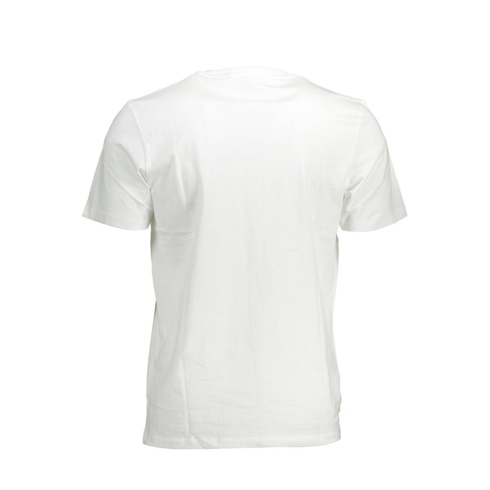 Back view of Timberland White Cotton Men T-Shirt, featuring organic cotton and iconic print for sustainable fashion.